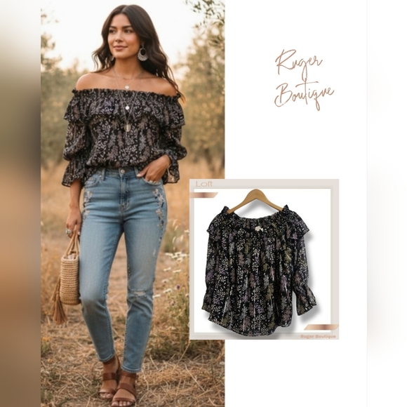LOFT Tops - 🌿Loft Black Metallic Leaf Print Off-Shoulder Top, Women's Medium